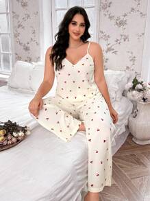 大码樱花印花蕾丝拼布无袖连体裤 - 杏色 - 查看 6