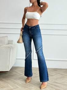 SHEIN Cottnline Women Y2K Patchwork Frayed Casual Flare Denim Jeans - Medium Wash - View 1