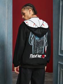 WB Horror X SHEIN Sudadera con capucha casual suelta para hombres con estampado de salpicaduras y máscara tipo Jason