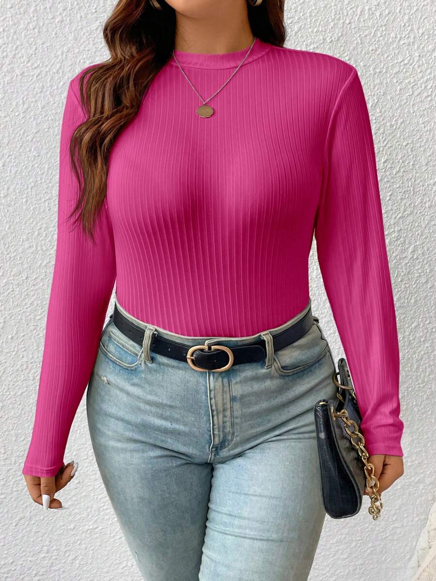 SHEIN Frenchy 纯色罗纹修身立领针织 T 恤 - 玫紅色 - 查看 1