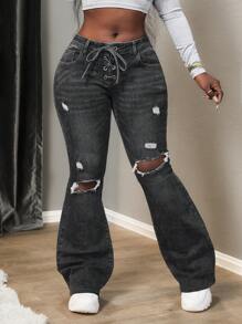 Slaydiva Jeans de tiro alto con piernas acampanadas y desgastados con cierre de hebilla para mujeres - Gris Oscuro - Ver 5