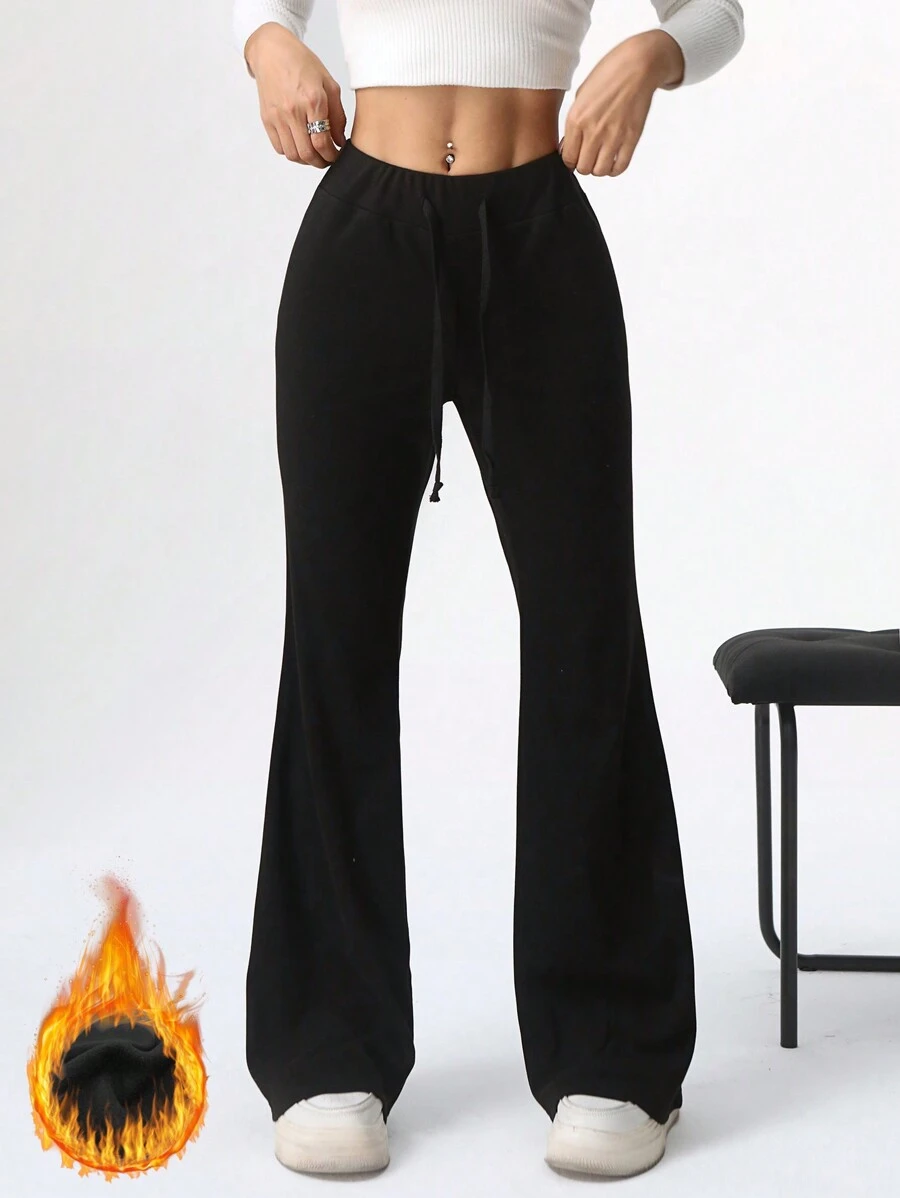 SHEIN EZwear Women's Solid Color Thermal Lined Warm Pants - Black - View 1