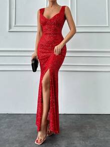 EURMUSE Vestido largo ajustado con lentejuelas brillantes para fiesta de graduación - Rojo - Ver 4