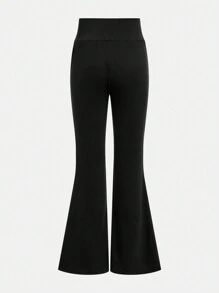 2sets Tween Girl Basic Grey & Black Long Sleeve Knit Top & High Waist Flare Knit Pants Sets