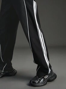 SHEIN Sports 女式复古条纹宽松休闲裤 - 黑色 - 查看 6