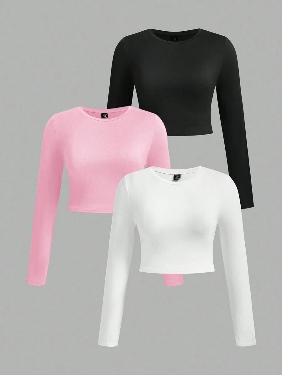 SHEIN EZwear 3pcs/Set Casual Minimalist Black, White, Pink Round Neck Long Sleeve Cropped Fitted Plus Size Women T-Shirts, Summer Pullover - Multicolor - View 1
