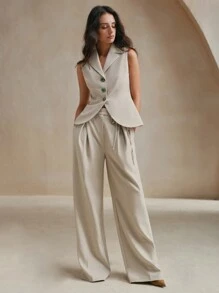 Anewsta Fashionable Sleeveless Jacket With Colorful Rhinestone Buttons, Summer - Khaki - View 3