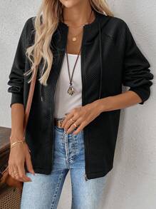 SHEIN LUNE جاكيت كاجوال ذات نسيج مميز مع كابور ذو أكمام راجلان وسحاب للنساء في الربيع والخريف - الأسود - مشاهدة 3