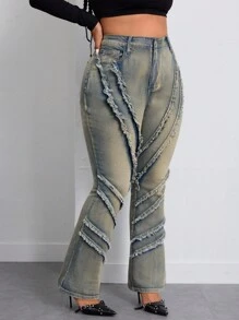 Plus Size Distressed Denim Wide Leg Jeans Fall Women Clothes - Light Wash - View 7