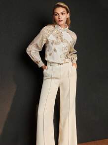 MOTF PREMIUM JACQUARD FLOWER APPLIQUE MOCK NECK FAUX PEARL AND RHINESTONE DETAIL BLOUSE