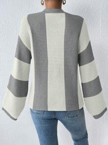 Chiquease 女士撞色圆领针织套头衫，秋冬款 - 灰色 - 查看 2