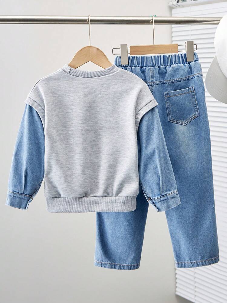 2pcs Young Boy Casual All-Match Stylish Sports Streetwear Korean Japan Minimalist Denim Effect Gray Crewneck Letter Print Sweatshirt And Denim Pants Set, Suitable For Autumn, Winter, School, Sports, Daily Wear