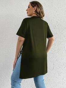 SHEIN LUNE 大码女式纯色圆领短袖休闲 T 恤，侧开衩下摆上衣，秋季