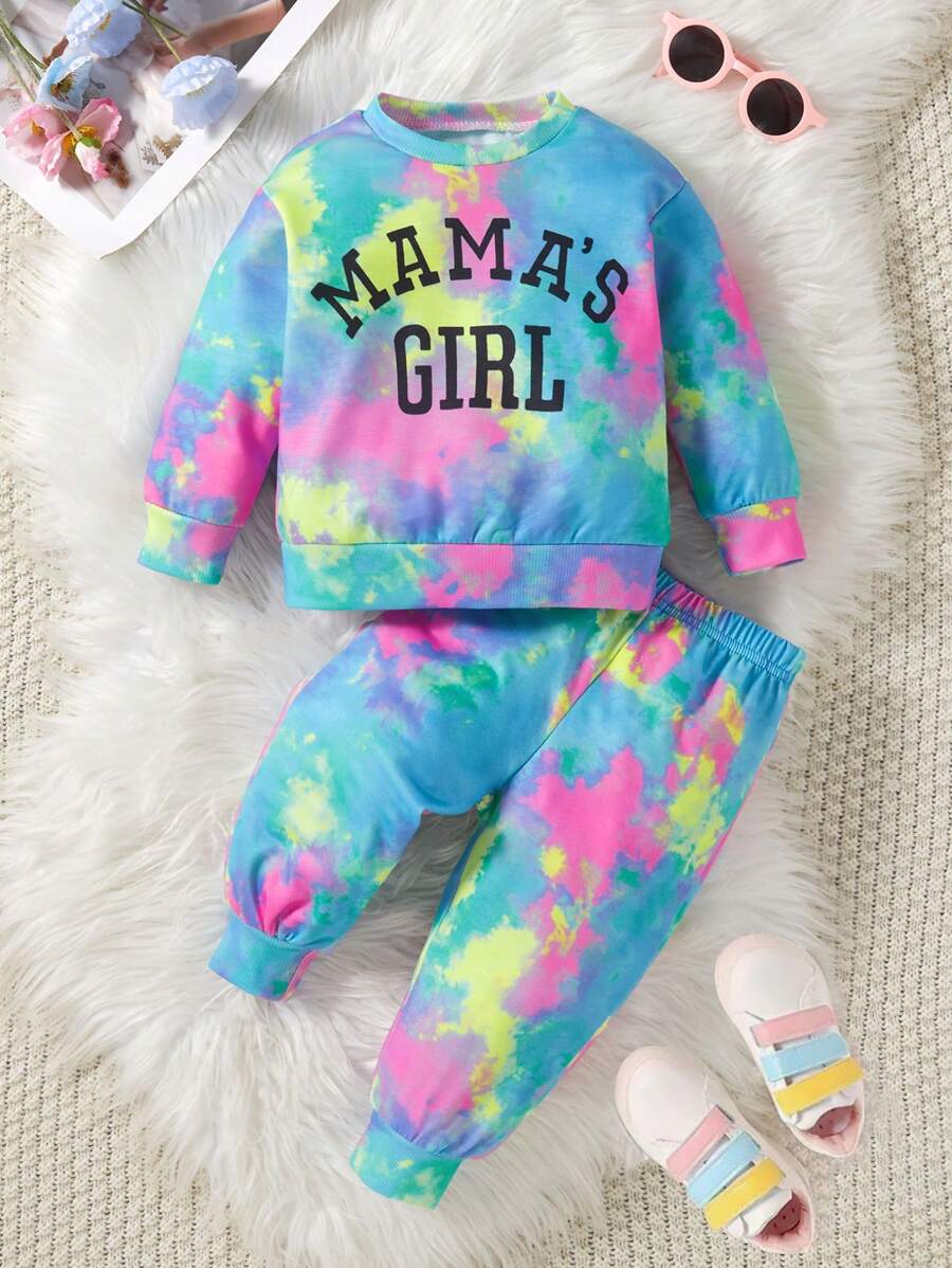 SHEIN 2pcs/Set Baby Girls' Casual Tie-Dye Letter Print Sweatsuit, Spring/Fall - Multicolor - View 1