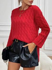 Chiquease 女士宽松落肩酒红色毛衣，圣诞节，冬季，针织套头衫 - 紅色 - 查看 5