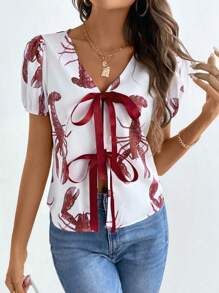 Chiquease All-Over Lobster Print Short Sleeve Button-Down Shirt, Casual Everyday Wear