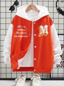 Tween Boy Casual Contrast Color Letter & Star Pattern Fleece Hooded Jacket, Suitable For Autumn, Spring And Winter, For Outdoor Play, School, Street Photography, Party And Leisure At Home, Great Value - Multicolor - View 1