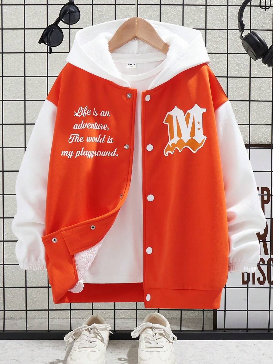 Tween Boy Casual Contrast Color Letter & Star Pattern Fleece Hooded Jacket, Suitable For Autumn, Spring And Winter, For Outdoor Play, School, Street Photography, Party And Leisure At Home, Great Value - Multicolor - View 1