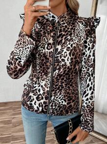 SHEIN LUNE Women's Leopard Print Patchwork Ruffle Hem Zipper Front Long Sleeve Jacket Fall Cloth For Women - Khaki - View 3