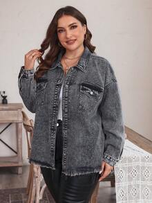 SHEIN LUNE Áo khoác denim tay dài cài nút phía trước cỡ lớn thường ngày - Xám - Xem 6