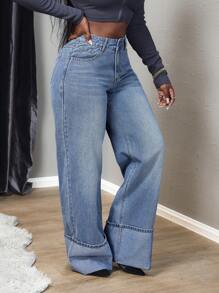 Slaydiva Women's Pocket Decorated Wide-Leg Loose Casual Versatile Jeans