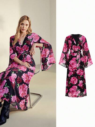 MOTF PREMIUM VESTIDO CON MANGAS DE CAPA Y ESTAMPADO FLORAL CON DRAPEADO