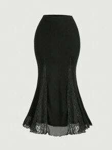 SHEIN MOD Plus Size  High-Waisted Lace Patchwork Mermaid Mesh Vintage Skirt,School Skirt,Black Skirt,Bachelorette Outfits,Rave Festival Outfits,Dinner Outfit