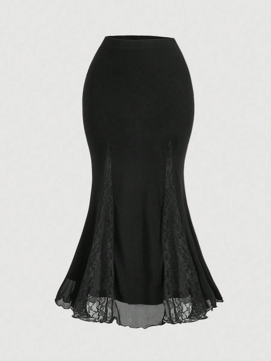 SHEIN MOD Plus Size  High-Waisted Lace Patchwork Mermaid Mesh Vintage Skirt,School Skirt,Black Skirt,Bachelorette Outfits,Rave Festival Outfits,Dinner Outfit