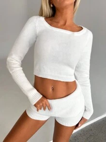 Aloruh 2pcs Solid Color Crew Neck Long Sleeve Top And Shorts Casual Set - White - View 3