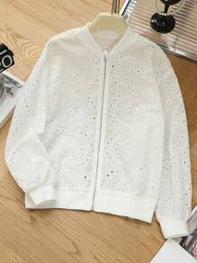 Tween Girls' Oversized Casual Embroidered Sheer Long Sleeve Jacket - White - View 3