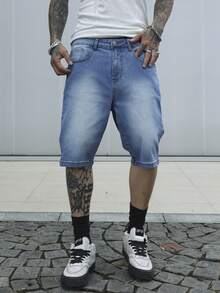 Manfinity Homme 男士简约前扣口袋休闲牛仔短裤 - 中等水洗藍 - 查看 3