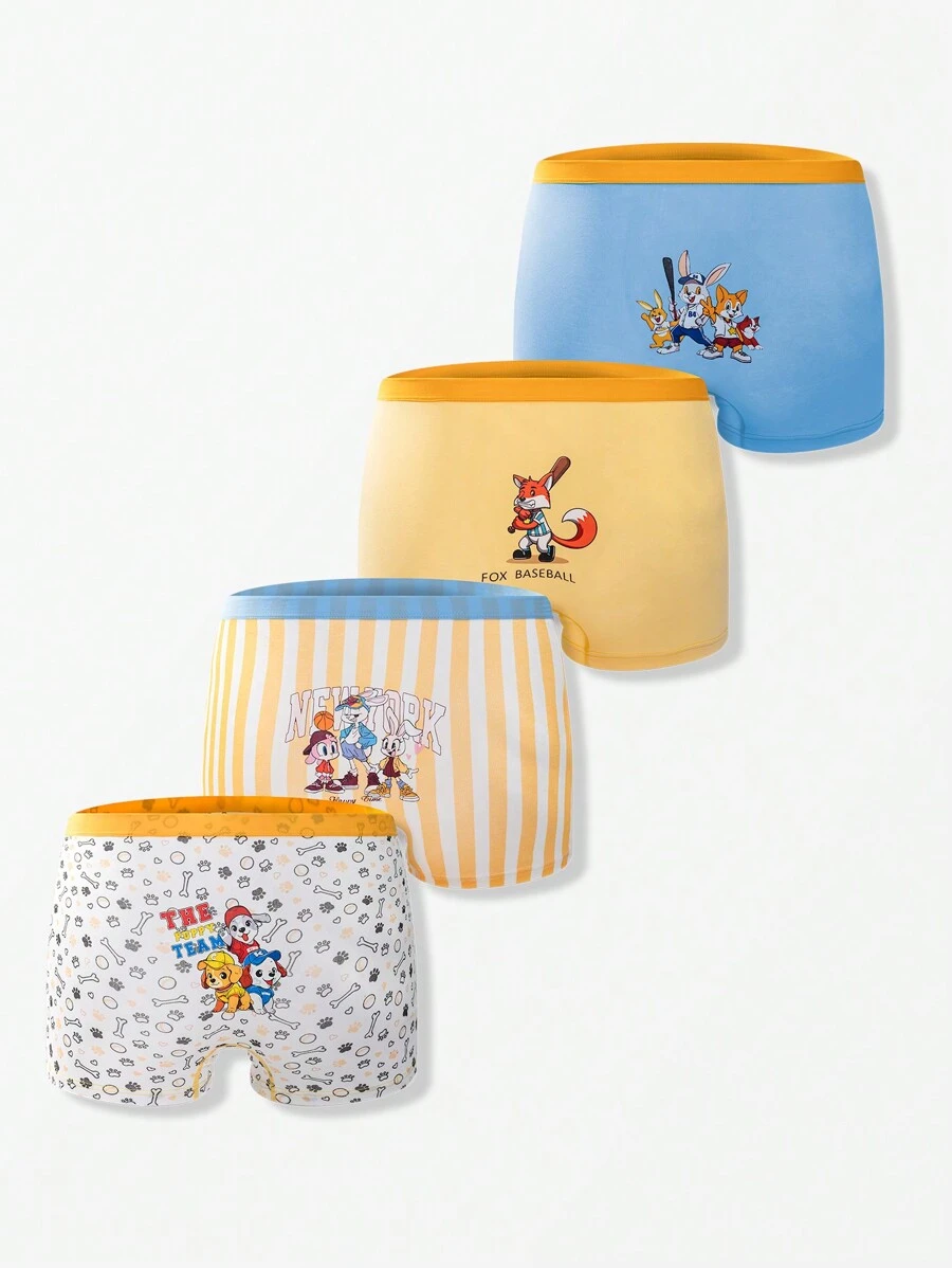 4pcs/Pack Tween Boys Cartoon Animal Print Breathable Comfortable Boxer Briefs - Multicolor - View 1