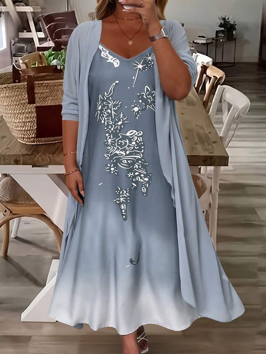 SHEIN 2pcs Plus Size Spring & Autumn Elegant Lace Dress Set Fall Cloth For Women - Blue - View 1