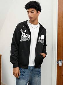 Manfinity VCAY بلوزة رياضية كاجوال مريحة للرجال بطبعة حرفية، كم طويل مع قلنسوة، سحاب أمامي، مناسبة للخريف والشتاء - الأسود - مشاهدة 4