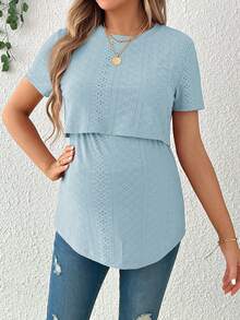 SHEIN Áo thun cổ tròn đơn giản cho bà bầu cho con bú, dành cho bà bầu - Màu xanh nhạt - Xem 5