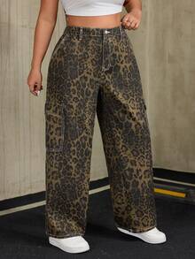 Plus Size Button Front Pocket Leopard Print Denim Jeans, Casual Daily Wear