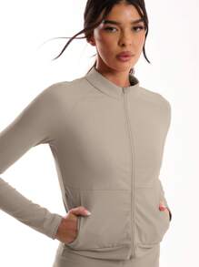 Musera Sport 女式纯色休闲拉链长袖运动夹克，适合板网球、网球、泡菜球健身房健身 - 卡其色 - 查看 5