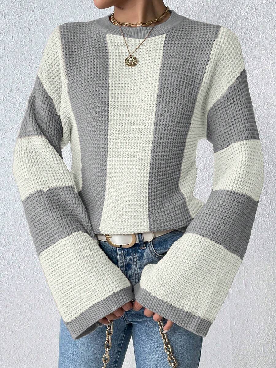 Chiquease 女士撞色圆领针织套头衫，秋冬款 - 灰色 - 查看 1