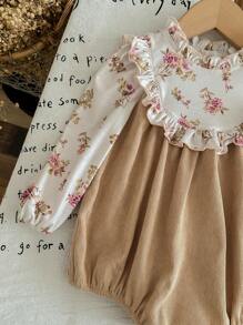 SHEIN LMoss Kids LMoss Baby Girl Newborn Baby Girl Ditsy Floral Bodysuit, Knitted Ruffle Collar Corduroy Patchwork One-Piece Outfit For Holiday & Party - Apricot - View 4