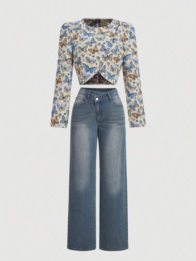 SHEIN MOD Chaqueta blazer de mujer con manga larga, estampado de mariposas de jacquard, vuelo con volantes y cierre cruzado, estilo elegante retro