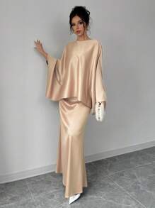 Chiquease 法式奢华圆领蝙蝠袖衬衫和优雅鱼尾中裙女款 2 件套 - 卡其色 - 查看 6