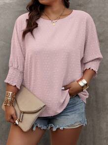 EMERY ROSE Plus Size Women Summer Solid Round Neck 3/4 Sleeve Loose Casual Blouse