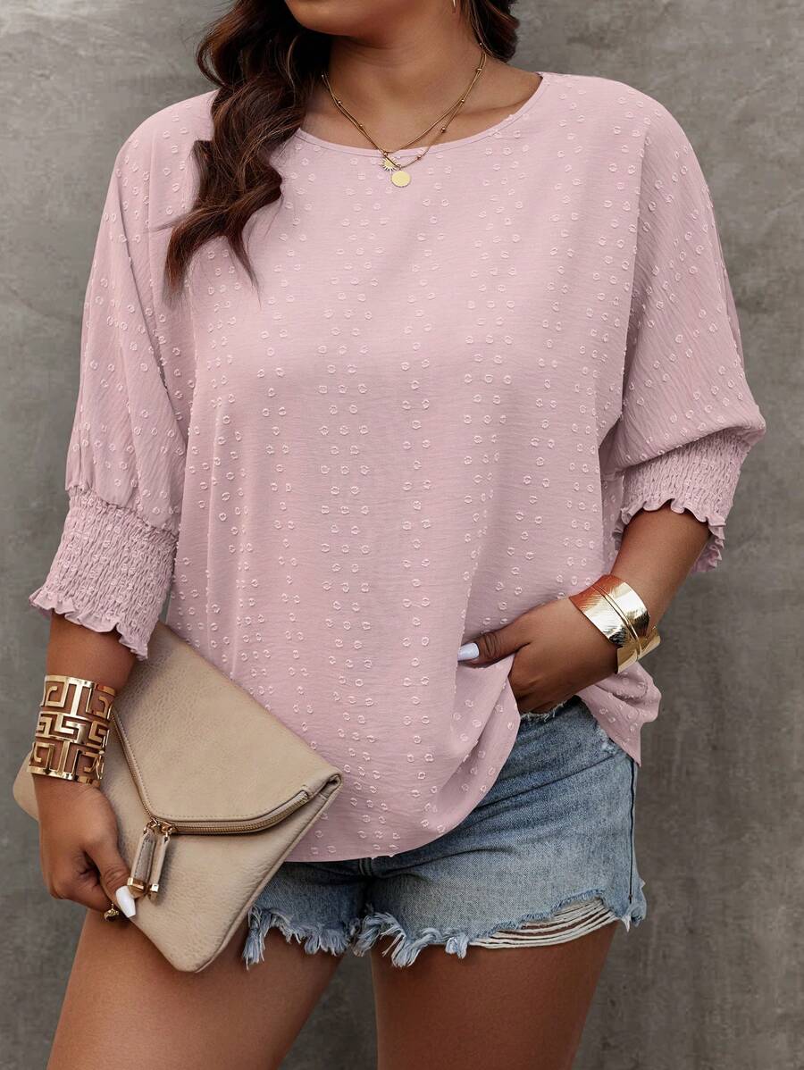 EMERY ROSE Plus Size Women Summer Solid Round Neck 3/4 Sleeve Loose Casual Blouse