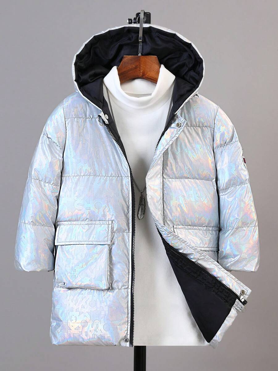 SHEIN Hooded Long Thick Padded Coat For Young Boy In Winter, With Letter Pattern, Metallic Coating & Contrast Lining