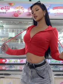 SHEIN EZwear Red Women's Cropped Zip-Up Long Sleeve Hoodie, For Autumn/Winter Pairing - Red - View 7