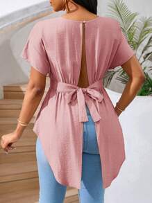 SHEIN Lady 女士露背系带高低休闲衬衫，卡其色和米色，夏季上衣 - 藕粉色 - 查看 6