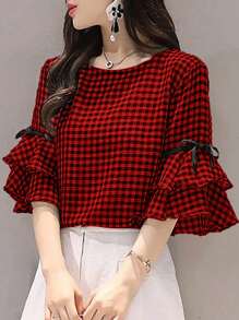 女士格子圆领喇叭袖宽松休闲衬衫，春夏