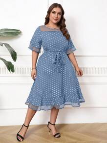 SHEIN Clasi Plus Size Mesh Contrast Polka Dot Print Short Sleeve Lace-Up Casual Dress, For Summer - Dusty Blue - View 5