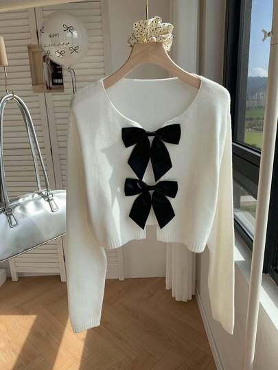 Comfortcana 女士秋冬蝴蝶结领带短款开衫毛衣、长袖上衣