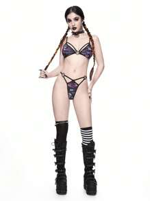 ROMWE Goth Floral Print Harness Triangle Cut Out Beach Bikini Set, Halloween - Multicolor - View 6